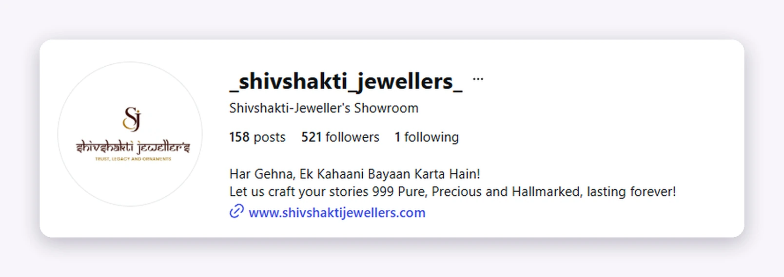 Instagram profile for Shivshakti Jewellers showing 158 posts and 521 followers.
